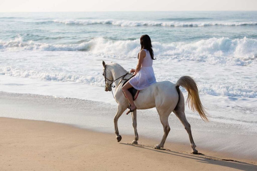Empowered woman riding a white horse along a serene beach, symbolizing resilience and grace amidst life's challenges