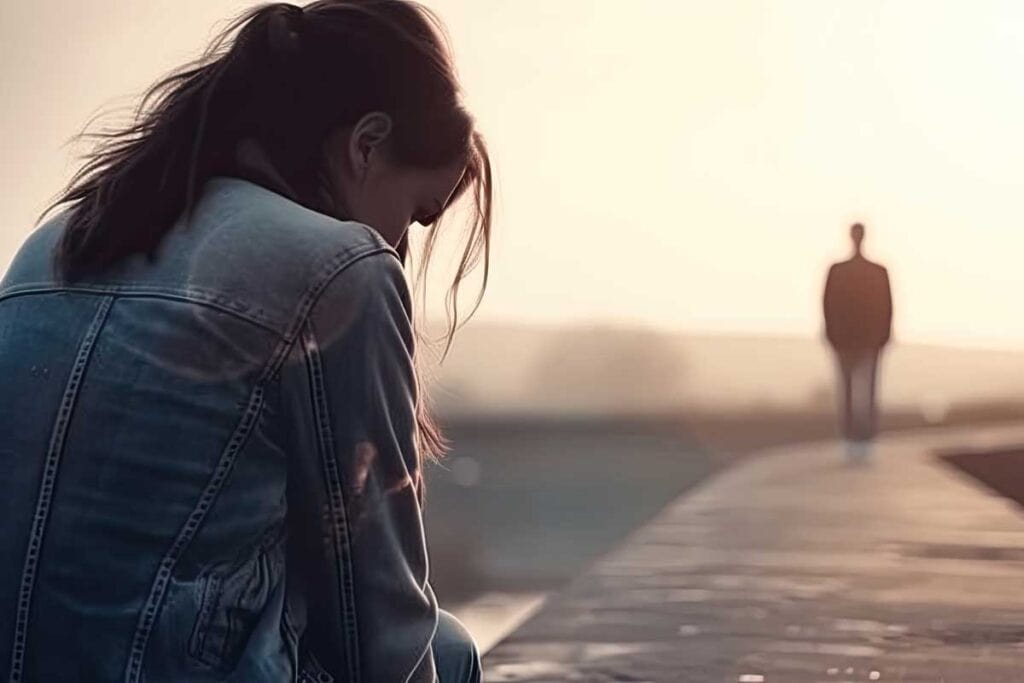 A heartbroken woman solemnly watching as her ex-boyfriend walks away after their breakup
